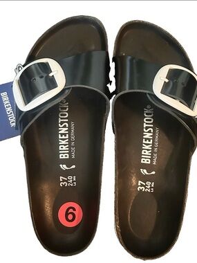 Birkenstock Vegan MADRID Boho Big Black Buckle Leather Sandals Slides 37-6.5 NEW